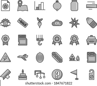 Thin line gray tint vector icon set - danger of electricity vector, add bookmark, minus, pennant, negative histogram, question, toys over the cot, winch hook, car, label, Hot Dog, birthday cake, CO2