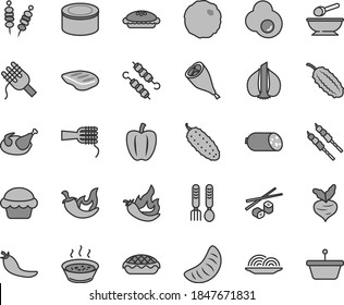 Thin line gray tint vector icon set - deep plate with a spoon vector, iron fork spoons, sausage, canned goods, fried vegetables on sticks, onion, spaghetti, noodles, cake, pie, apple, chicken, chop