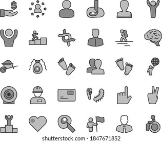 Thin line gray tint vector icon set - woman vector, women, footprints, children's tracks, workman, garden trolley, employee, heart, index finger, pass card, lens, man, get a wage, dna, brain, flag