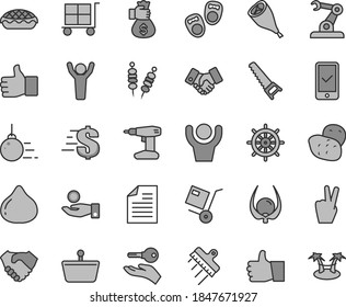 Thin line gray tint vector icon set - cargo trolley vector, scribbled paper, dollar, shoes for little children, big core, drill, hand saw, spatula, thumb up, shipment, fried vegetables on sticks