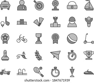 Thin line gray tint vector icon set - bath ball vector, child Kick scooter, warm hat, timer, car, racer, stopwatch, winner, laurel branch, pedestal, podium, prize, cup, gold, pawn, man with medal
