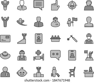 Thin line gray tint vector icon set - image of thought vector, woman, hat, a chair for feeding child, funny hairdo, builder, employee, index finger, pass card, welding, court hearing, man in sight