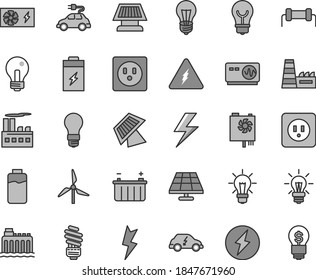 Thin line gray tint vector icon set - lightning vector, incandescent lamp, saving light bulb, power socket type b, charge level, charging battery, solar panel, windmill, hydroelectricity, transport