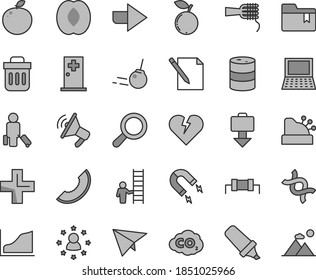 Thin line gray tint vector icon set - right direction vector, magnifier, plus, folder bookmark, core, broken heart, notes, noodles, blueberry, slice of melon, half peach, delicious apple, barrel