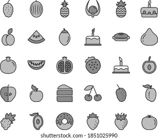 Thin line gray tint vector icon set - cake vector, piece of, torte, glazed with a hole, pie, strawberries, pineapple, apple, cherry, pomegranate, half, grape, apricot, tasty, raspberry, strawberry