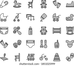 Thin line gray tint vector icon set - cradle vector, baby cot, toys over the, feeding bottle, diaper, nappy, powder, Child T shirt, rattle, stroller, carriage, sitting, open pin, rubber duck, a for