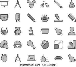 Thin line gray tint vector icon set - tassel vector, laptop, graphite pencil, woman, Child T shirt, children's potty, small teddy bear, tricycle, big core, color samples, wooden paint brush, sink