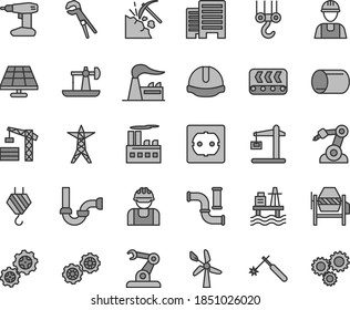 Thin line gray tint vector icon set - tower crane vector, builder, hook, winch, gears, concrete mixer, adjustable wrench, drill, sewerage, power socket type f, buildings, construction helmet, line