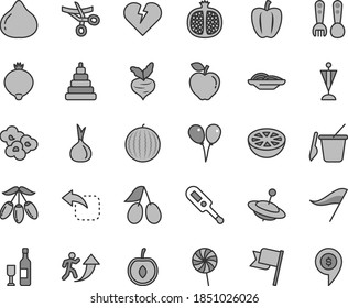 Thin line gray tint vector icon set - wind direction indicator vector, electronic thermometer e, stacking toy, children's sand set, plastic fork spoons, yule, colored air balloons, broken heart, fig