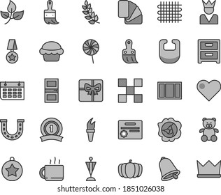 Thin line gray tint vector icon set - bib vector, teddy bear, window frame, sample of colour, plastic brush, wooden paint, interroom door, tile, bell, heart, nightstand, cake, lollipop, cup tea