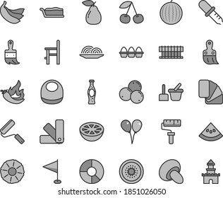 Thin line gray tint vector icon set - paint roller vector, pennant, baby bib, toy sand set, a chair for feeding, colored air balloons, new, color samples, sample of colour, plastic brush, wooden