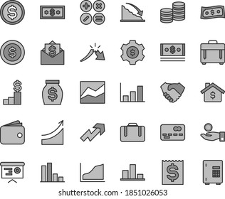 Juego de iconos de vectores de tintes grises de línea delgada - crecimiento vectorial, gráfico de línea, caso, acciones matemáticas, frente a la tarjeta bancaria, monedas, bar, recesión, una crisis, dólar, elemento financiero, moneda de captura, apretón de manos, dinero