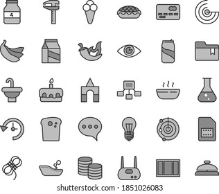 Thin line gray tint vector icon set - folder bookmark vector, children's bathroom, box of bricks, window frame, washbasin, hawser, speech, eye, package, coins, Easter cake, torte, apple pie, chili