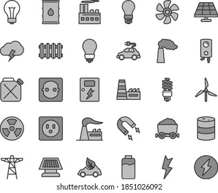 Thin line gray tint vector icon set - matte light bulb vector, lightning, dangers, new radiator, boiler, storm cloud, marine propeller, charge level, solar panel, windmill, manufacture, factory, oil