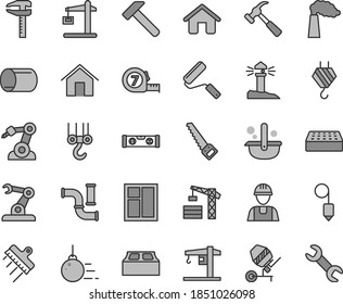 Thin Line Gray Tint Vector Icon Set - Crane Vector, Tower, House, Builder, Hook, Winch, Big Core, Concrete Mixer, Window, Arm Saw, Long Meashuring Tape, New Roller, Building Level, Brick, Block