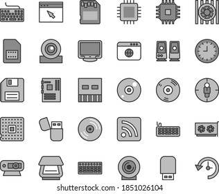 Thin line gray tint vector icon set - floppy disk vector, keyboard, rss feed, CD, lens, processor, SIM card, goal woman, wall watch, radiator fan, motherboard, cpu, gpu, monitor, web camera, usb, sd
