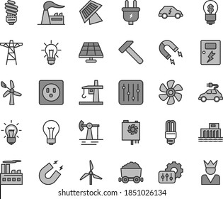 Thin line gray tint vector icon set - matte light bulb vector, saving, dangers, hammer, regulator, marine propeller, solar panel, working oil derrick, windmill, wind energy, factory, power pole, sun