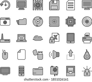 Thin line gray tint vector icon set - floppy disk vector, laptop, monitor, window, folder, archive, CD, volume, move up, onion, part of guava, processor, tablet pc, radiator fan, encrypting, mouse