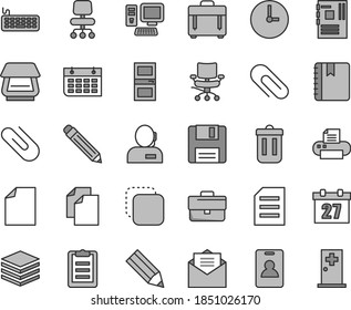 Thin line gray tint vector icon set - daily calendar vector, clip, briefcase, graphite pencil, clean sheet of paper, interroom door, wall clock, received letter, notebook, case, pile, copy, computer