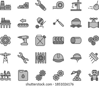 Thin line gray tint vector icon set - brick wall vector, cogwheel, concrete mixer, drill, measuring tape, construction helmet, spatula, core, commercial seaport, valve, power pole, thermal plant