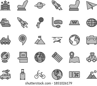 Thin line gray tint vector icon set - sign of the planet vector, paper airplane, Baby chair, car child seat, motor vehicle present, suitcase, space rocket, globe, lunar rover, man hold world, earth