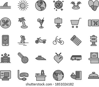 Thin line gray tint vector icon set - earth vector, bus, bike, motorcycle, backpacker, baggage scanner, plane ticket, phone registration, getting, atm, hotel, sun, palm tree, cocktail, disco ball