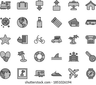 Thin line gray tint vector icon set - earth vector, train, car baggage, camper, bus, bike, suitcase, rolling, plane, getting, credit card, hotel, boungalow, palm tree, disco ball, restaurant, photo