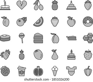 Thin line gray tint vector icon set - Child T shirt vector, cake, birthday, broken heart, piece of, slice, glazed with a hole, Chupa Chups, coffe to go, cone, blueberries, strawberry, strawberries