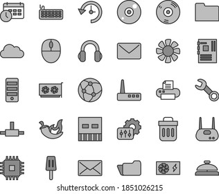 Thin line gray tint vector icon set - chili vector, popsicle, fan, mouse, keyboard, pc power supply, tower, motherboard, cpu, gpu card, usb, router, cd, printer, headphones, network, folder, connect