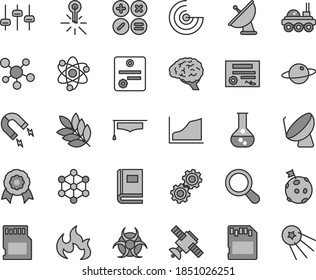 Thin line gray tint vector icon set - math actions vector, planet, flask, magnet, mercury thermometer, satellite dish, sd card, molecule, atom, zoom, brain, gears, settings, book, biohazard, flame