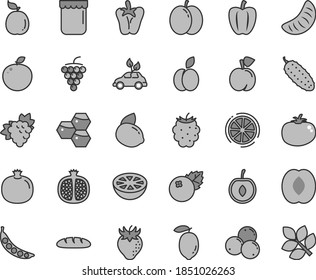 Thin line gray tint vector icon set - loaf vector, cucumber, tomato, peper, jam, blueberries, apple, honeycombs, peach, pomegranate, half, branch of grape, large, strawberry, blackberry, cherry