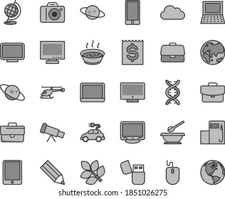 Juego de iconos vectoriales de tono gris de línea delgada - monitor vectorial, cámara, maletín, placas y cucharas, pantalla, smartphone, maleta, avena en una cacerola, moderna estación de gas, planeta, auto eléctrico, lápiz