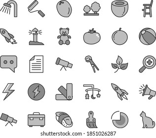Thin line gray tint vector icon set - lightning vector, scribbled paper, zoom, pie chart, toys over the cradle, baby bath ball, a chair for feeding child, teddy bear, adjustable wrench, new roller