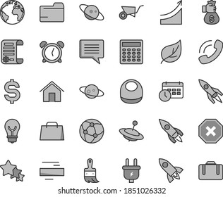 Thin line gray tint vector icon set - sign of the planet vector, image thought, mark injury, alarm clock, folder, minus, baby bib, yule, building trolley, wooden paint brush, home, bulb, leaf, plug