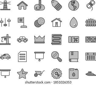 Thin line gray tint vector icon set - house vector, beanbag, motor vehicle, e, brickwork, building trolley, hawser, star gear, hedge, heating coil, drop, label, biscuit, planet Earth, tower crane