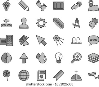Thin line gray tint vector icon set - incandescent lamp vector, upward direction, bookmark, zoom, woman, growth up, children's tracks, window frame, city block, earth, pile, Hot Dog, lollipop, grape