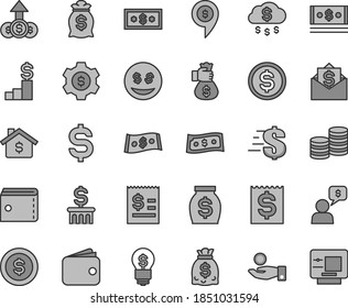 Thin line gray tint vector icon set - purse vector, dollar, coins, denomination of the, article on, financial item, catch a coin, wallet, money, dollars, cash, bag hand, rain, mortgage, pedestal