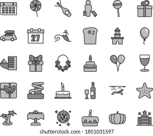 Thin line gray tint vector icon set - daily calendar vector, colored air balloons, balloon, cake, gift, Easter, torte, birthday, Chupa Chups, lollipop, glass, pumpkin, wall, giftbox, sand castle