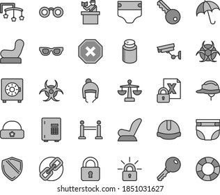 Thin line gray tint vector icon set - mark of injury vector, spectacles, scales, toys over the cot, diaper, nappy, powder, Baby chair, car child seat, winter hat, warm, construction helmet, lock