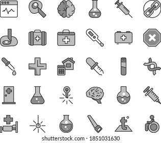 Thin line gray tint vector icon set - mark of injury vector, spectacles, first aid kit, plus, electronic thermometer e, bag a paramedic, medical, arm saw, estimate, temperature, cardiogram, mercury