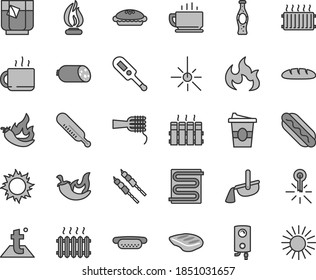Thin line gray tint vector icon set - electronic thermometer vector e, mercury, heating coil, temperature, radiator, boiler, coffee, sausage, loaf, Hot Dog, mini, noodles, pie, chop, barbecue, chili