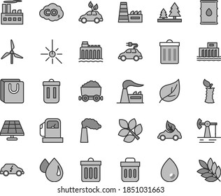 Thin line gray tint vector icon set - bin vector, dust, drop, bag with handles, apple stub, solar panel, working oil derrick, leaf, gas station, windmill, manufacture, factory, hydroelectric, forest