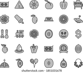 Thin line gray tint vector icon set - warning vector, plastic fork spoons, baby toy train, yule, colored air balloons, concrete mixer, peper, ripe peach, squash, quince, melon, half of mango, loquat