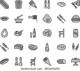 Thin line gray tint vector icon set - plates and spoons vector, a chair for feeding, child, plastic fork, iron, sausage, stick of, cheese, fried vegetables on sticks, Hot Dog, burger, spaghetti, egg