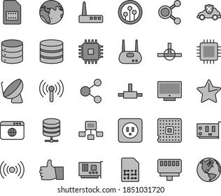 Thin line gray tint vector icon set - power socket type b vector, star, thumb up, screen, big data, server, autopilot, processor, satellite dish, SIM card, connection, connections, cpu, pc, router