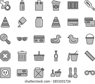 Thin line gray tint vector icon set - bin vector, mark of injury, yardstick, grocery basket, bank card, dummy, feeding bottle, baby powder, beanbag, electronic thermometer e, rubber duck, duckling
