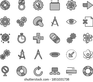 Thin line gray tint vector icon set - prohibition vector, right direction, plus, minus, clockwise, tumbler, cogwheel, gear, left bottom arrow, eye, timer, delete page, porcini, plate, accumulator