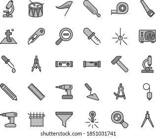 Thin line gray tint vector icon set - graphite pencil vector, yardstick, zoom out, wind direction indicator, mercury thermometer, drum, building trowel, cordless drill, arm saw, measuring tape