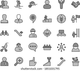 Thin line gray tint vector icon set - zoom vector, woman, women, summer stroller, workman, garden trolley, employee, index finger, speech, racer, court hearing, man, in sight, goal, scheme, winner