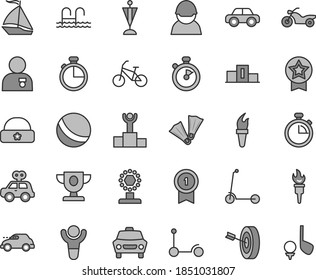 Thin line gray tint vector icon set - stopwatch vector, bath ball, motor vehicle, present, Kick scooter, child, warm hat, timer, car, racer, retro, flame torch, winner, pedestal, podium, prize, cup